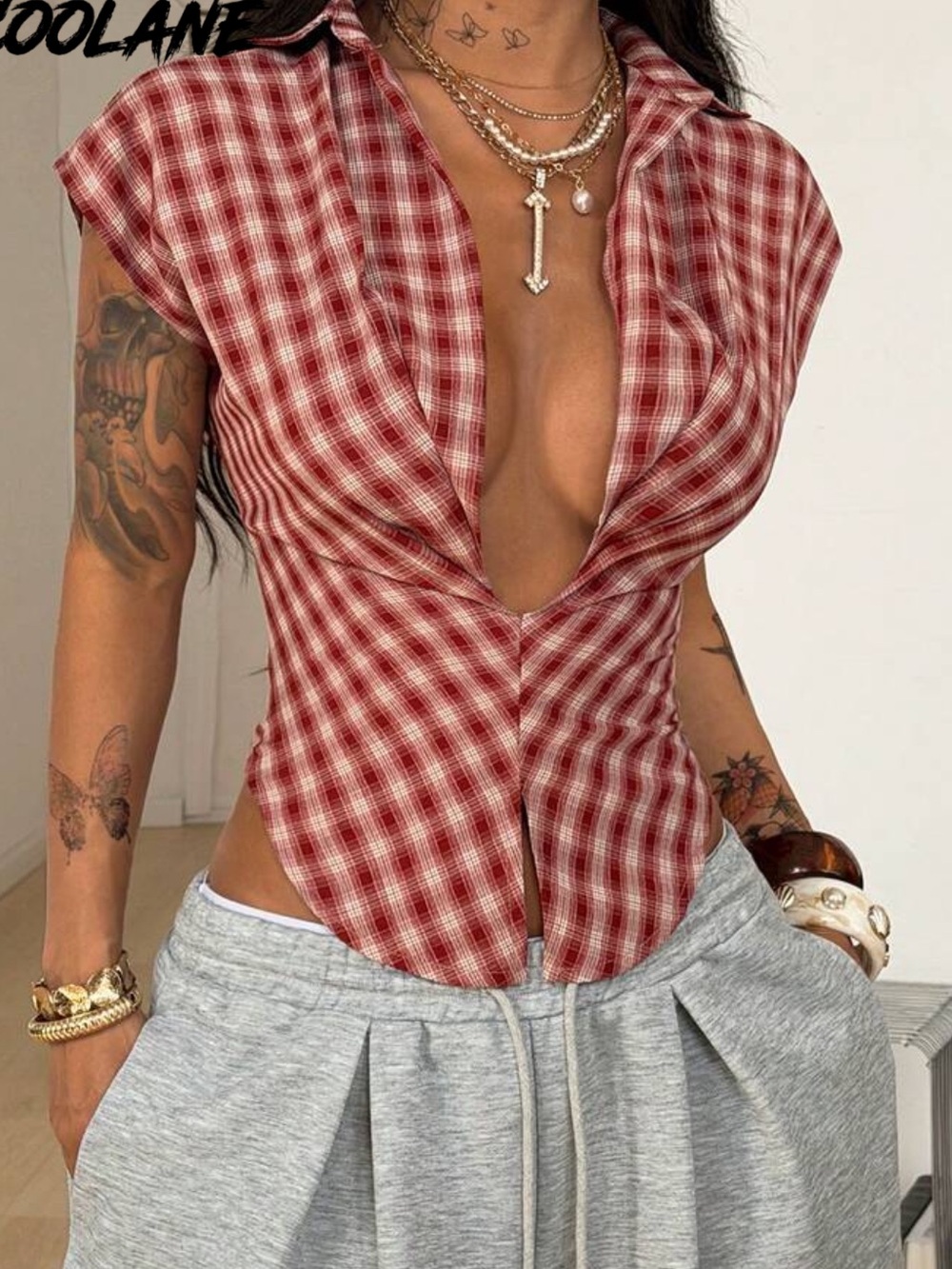 SHEIN Red Plaid Deep V Cap Sleeve Front Top